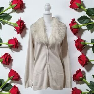 The Limited Cream Cardigan with Faux‎ Fur Collar SIZE LARGE NWT